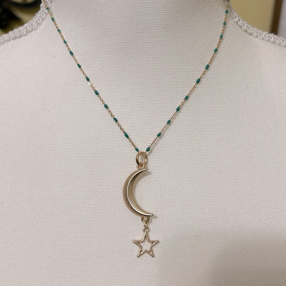 16” necklace with green beading & mystic moon pendant.  Nickel free.